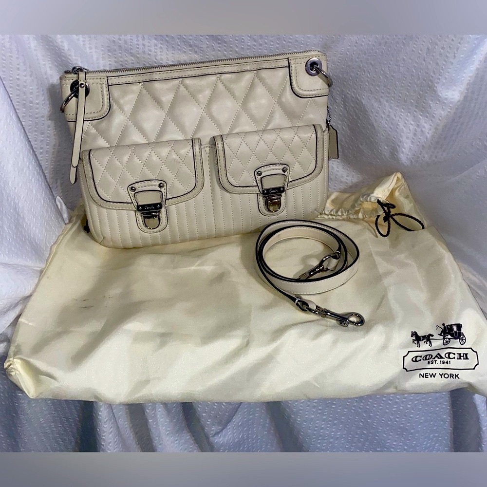 Coach Poppy Cream Quilted Crossbody Bag with Silver Hardware Design